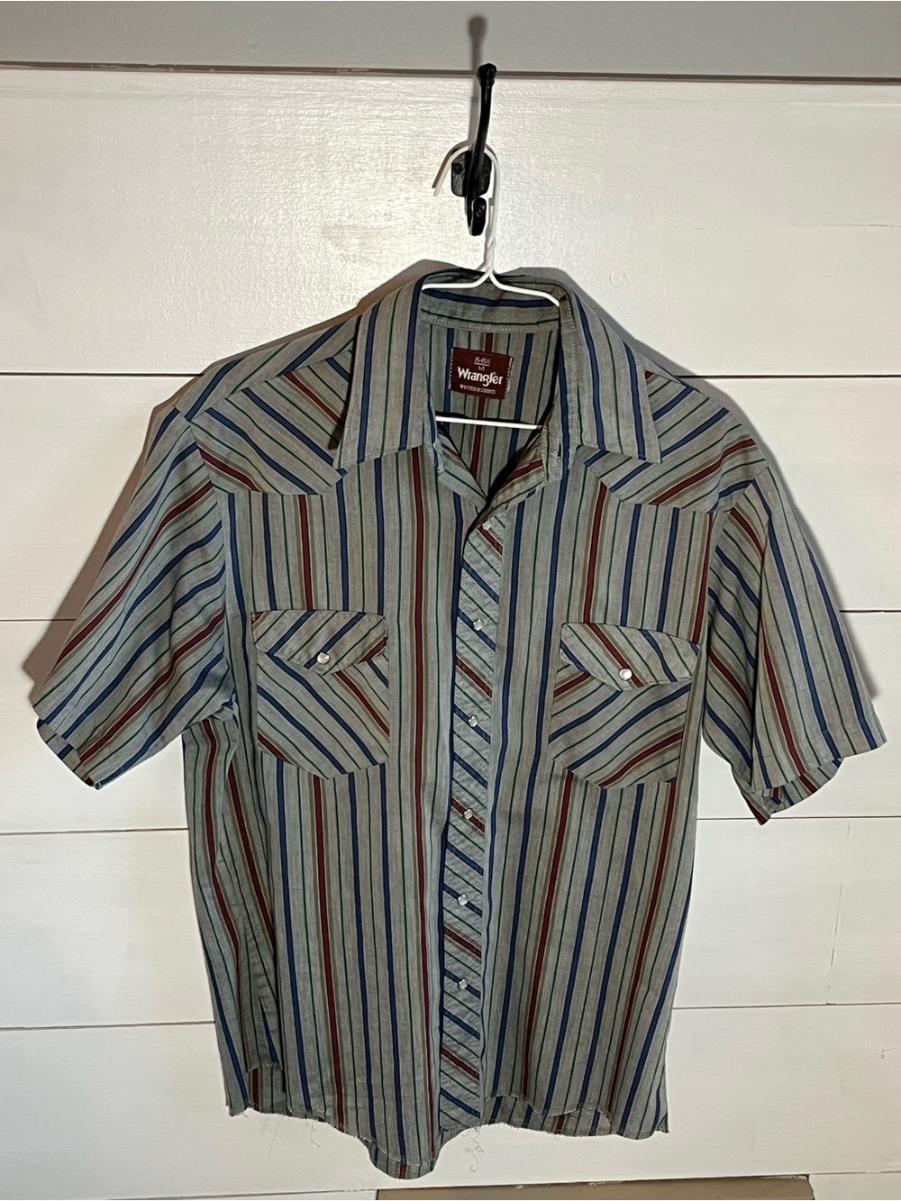 Wrangler Short Sleeve Vertical Stripe Button-Down — Gray, Blue, Brown